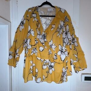 Calvin Klein Yellow Floral Wrap Blouse -3XL Lined